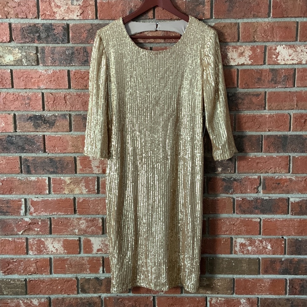 NY & Co Gold Sequin Shimmer Open Back Sheath Dress